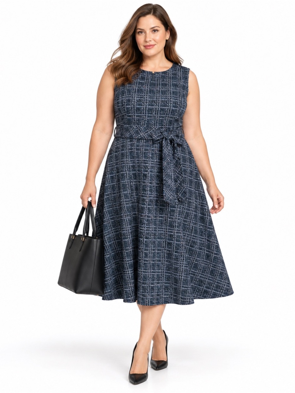 CALVIN KLEIN Size 16 Navy Plaid Tweed Fit & Flare Midi Dress Belted Office Siren